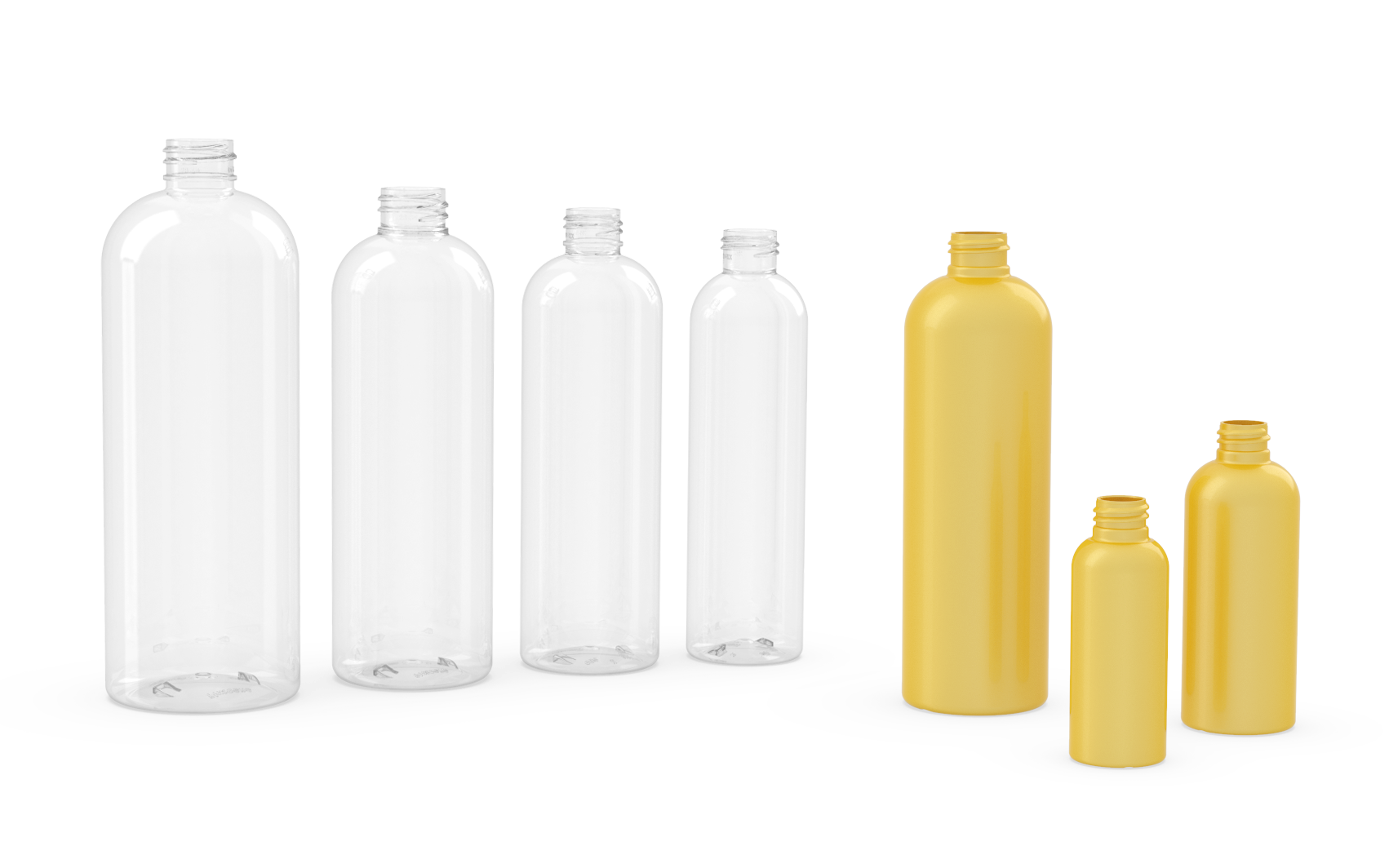 A group of plastic bottles of different sizes and colors on a white background.