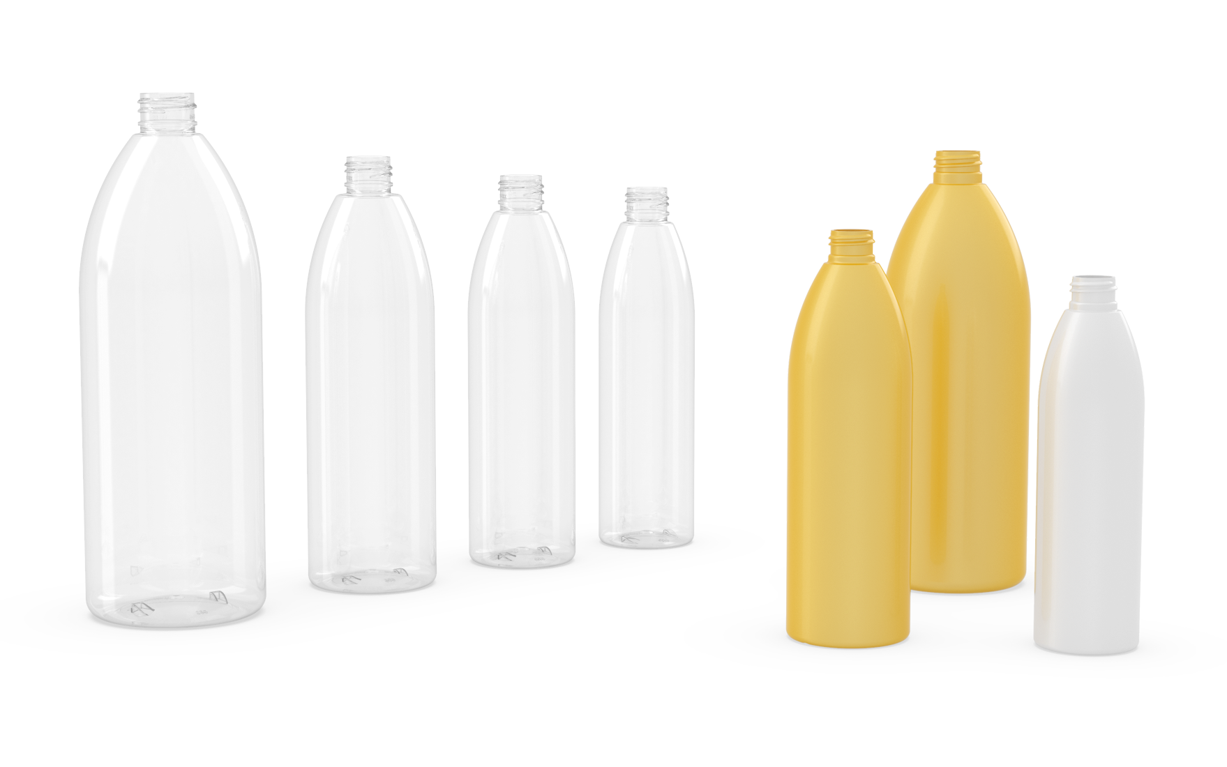 A group of plastic bottles of different sizes and colors on a white background.