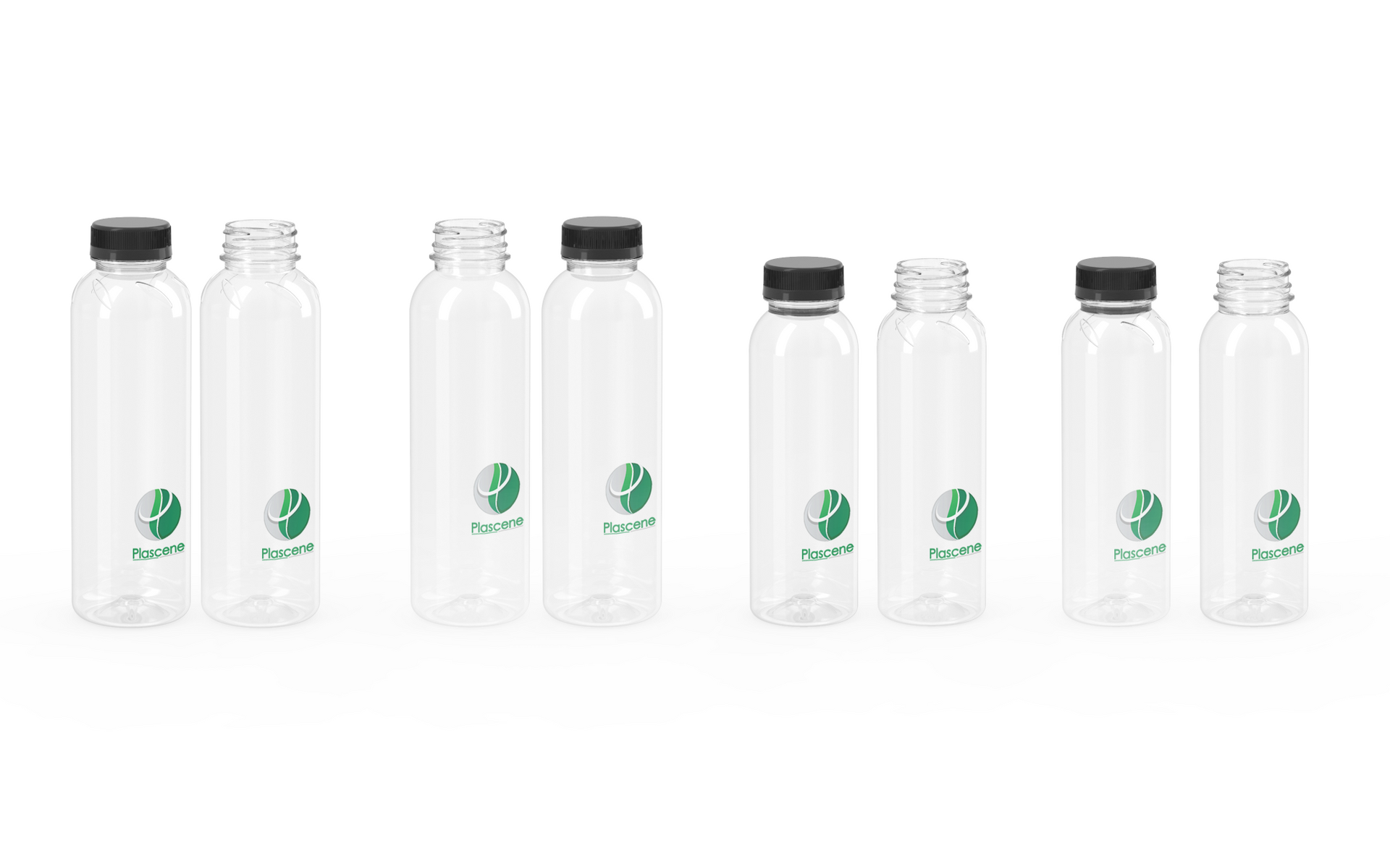 A row of clear plastic bottles with green logos on them on a white background.