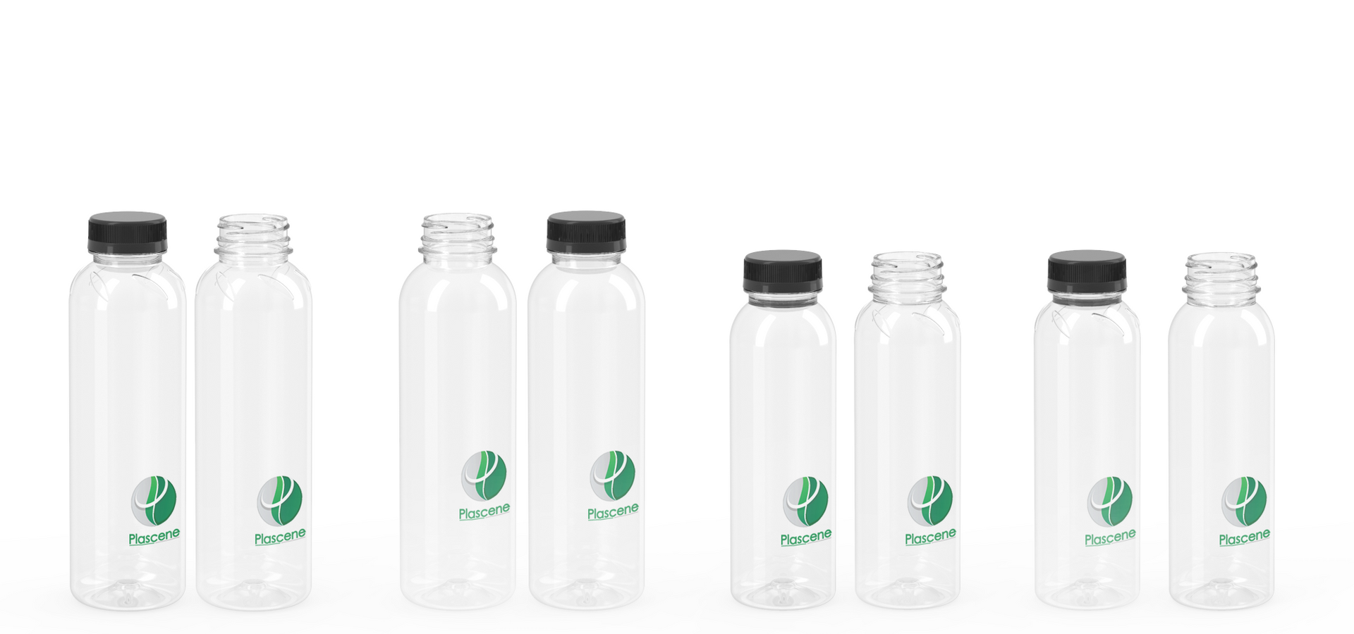 A row of clear plastic bottles with green logos on them.