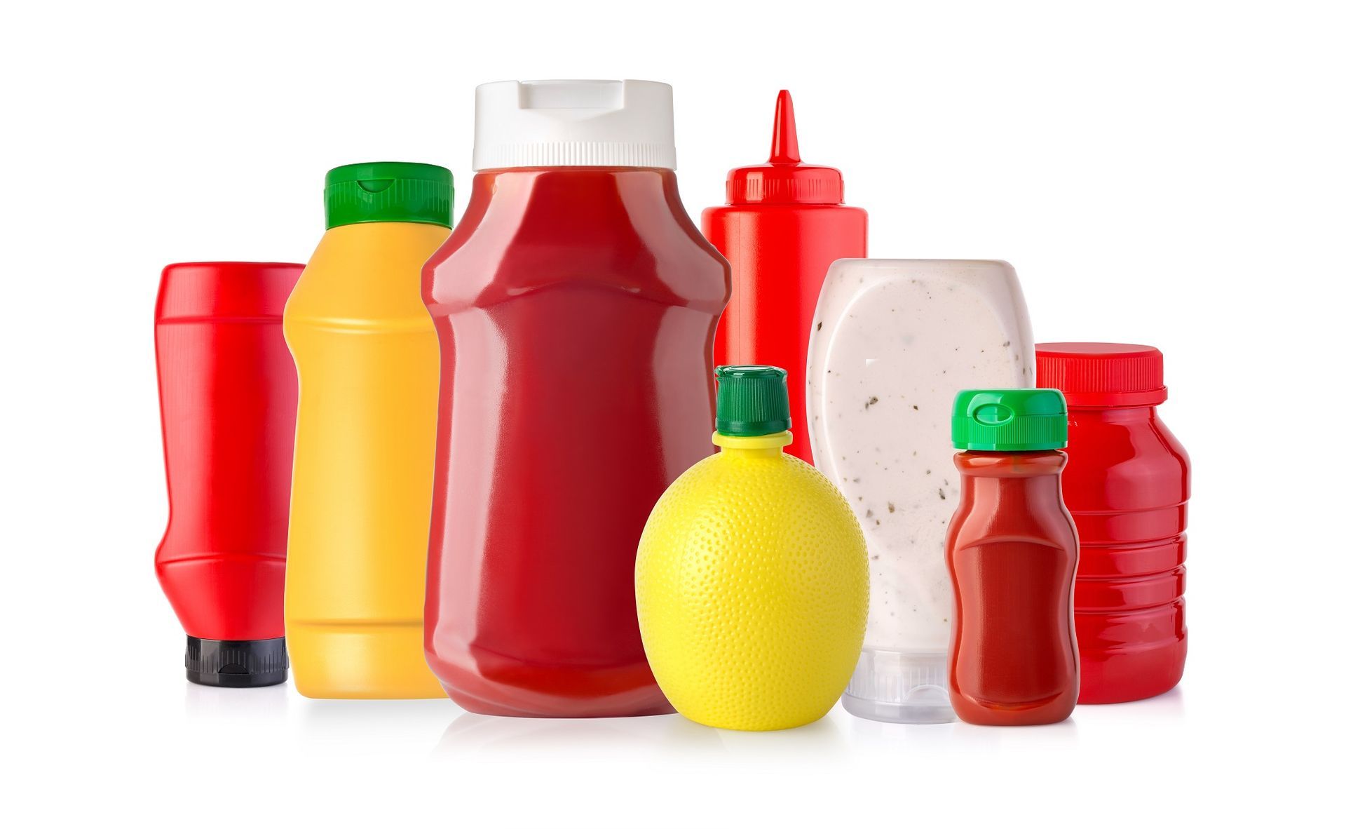 Condiments (catsup, mustard, and other sauces) packaged in recycled PET/rPET plastic.