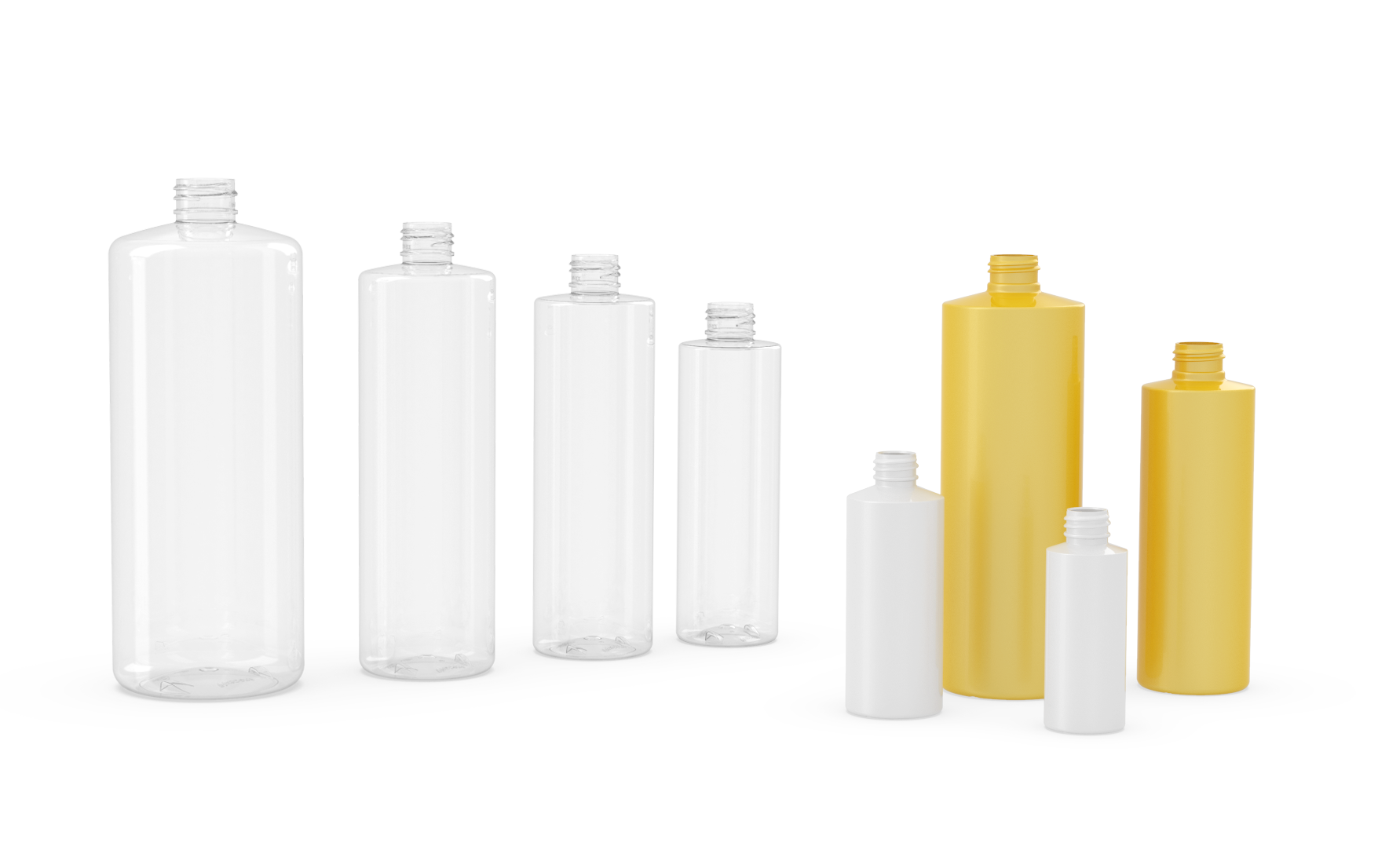 A group of plastic bottles of different sizes and colors on a white background.