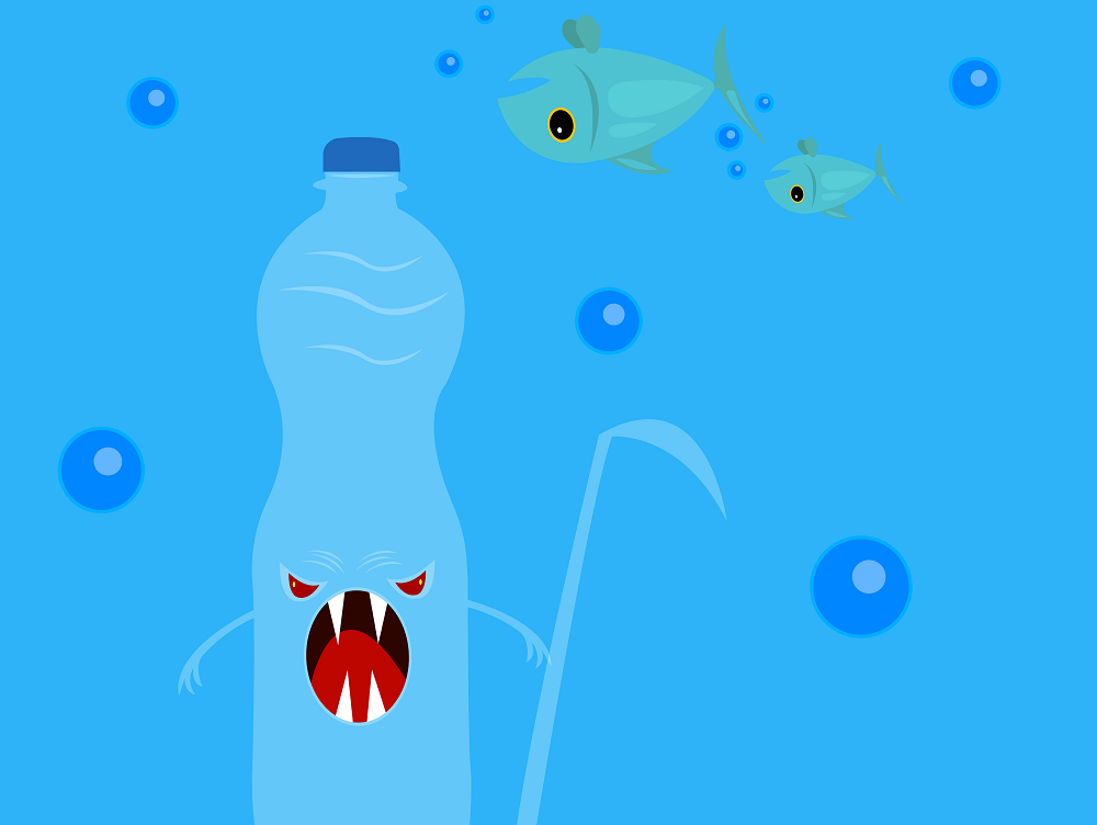 Cartoon of evil plastic bottle killing fish in ocean.