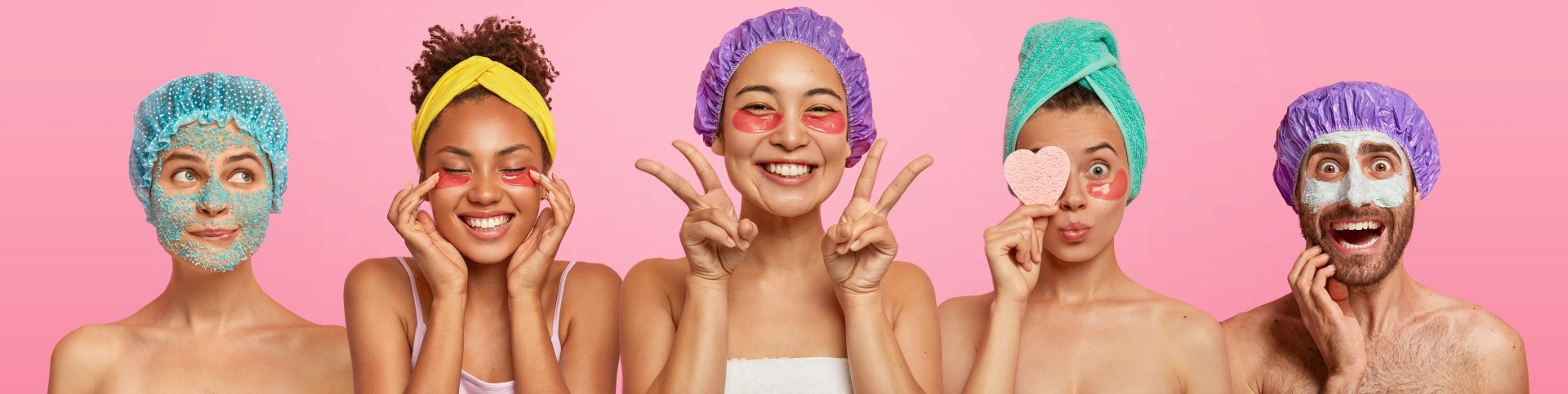 Men and women outrageously happy about using skincare products.