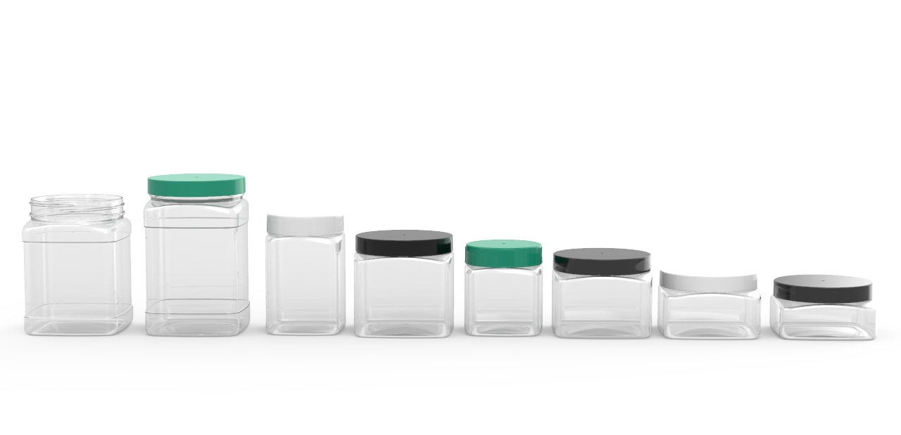 A row of clear plastic jars with green , black and white lids.