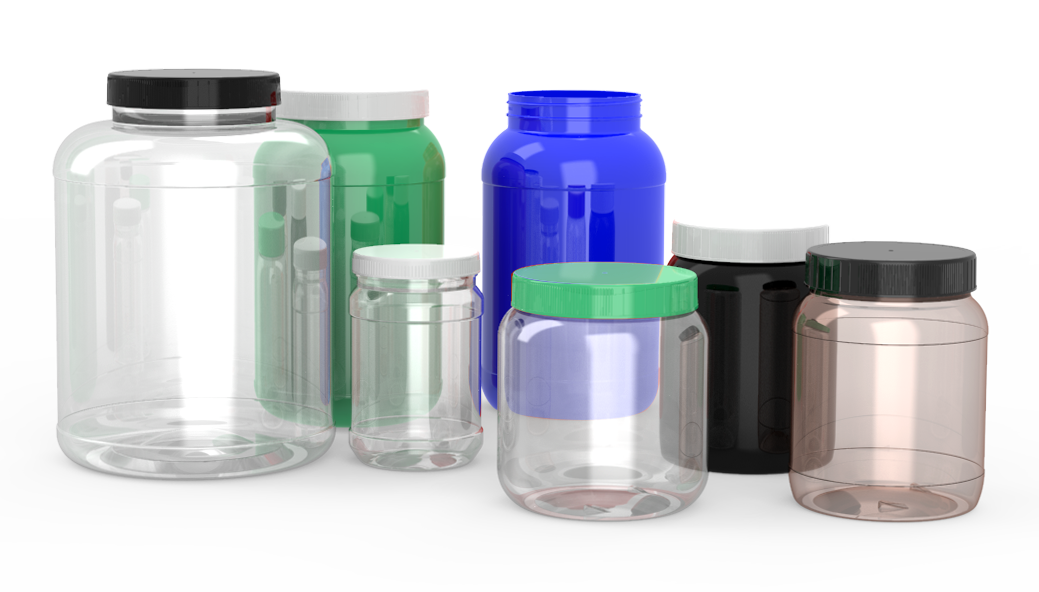 A group of plastic jars of different sizes and colors are lined up on a white background.