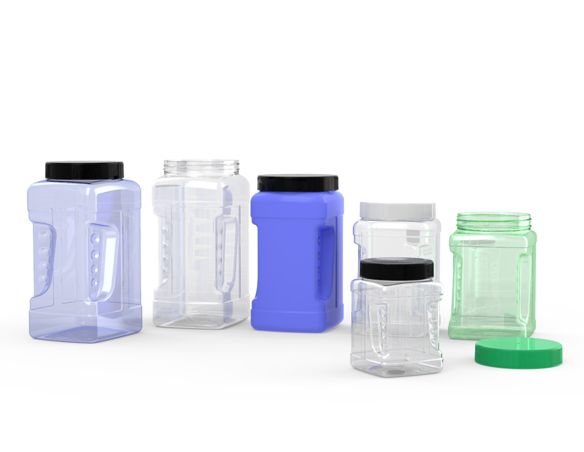 A group of plastic jars of different sizes and colors on a white background.