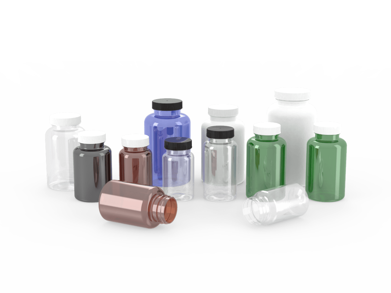 A group of plastic bottles of different sizes and colors on a white background.