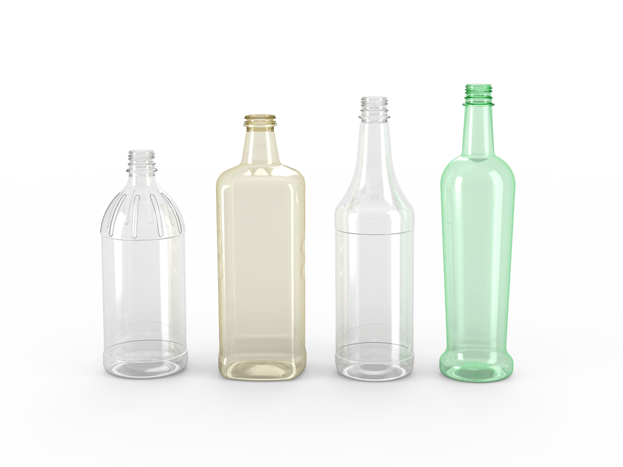 Row of clear plastic bottles of different colors.