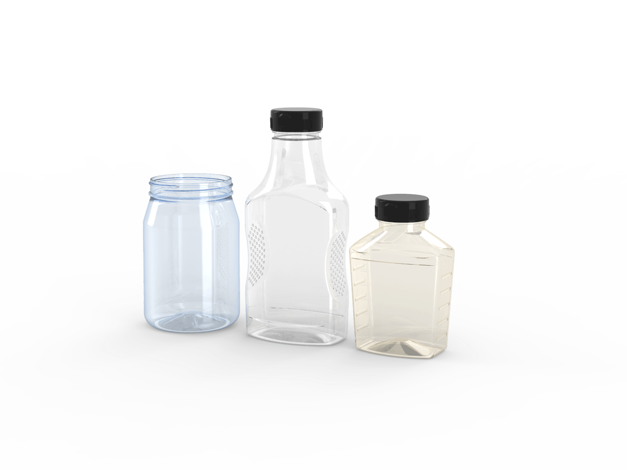 Three plastic bottles are sitting next to each other on a white surface.