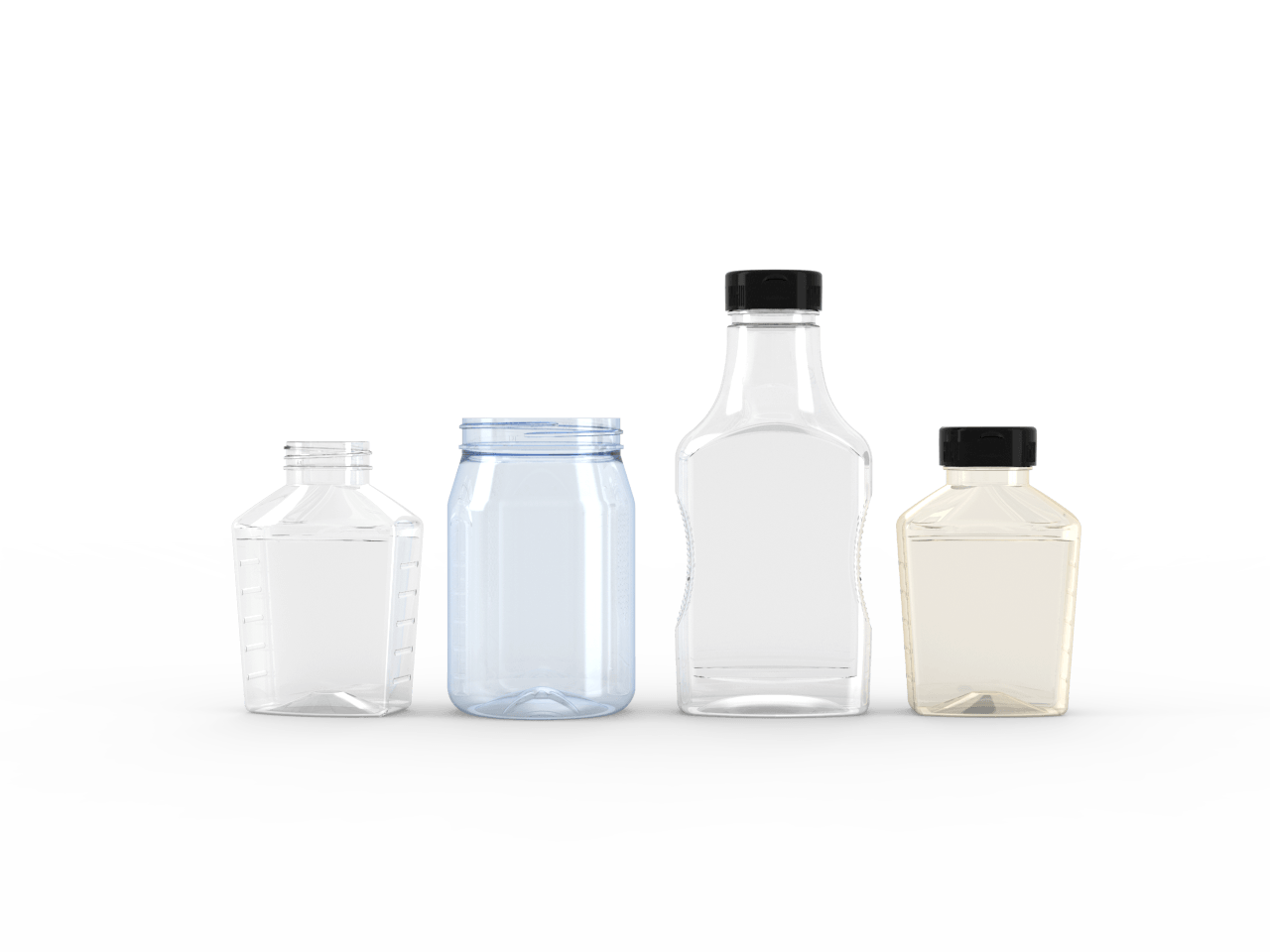 A group of plastic bottles are lined up in a row on a white background.