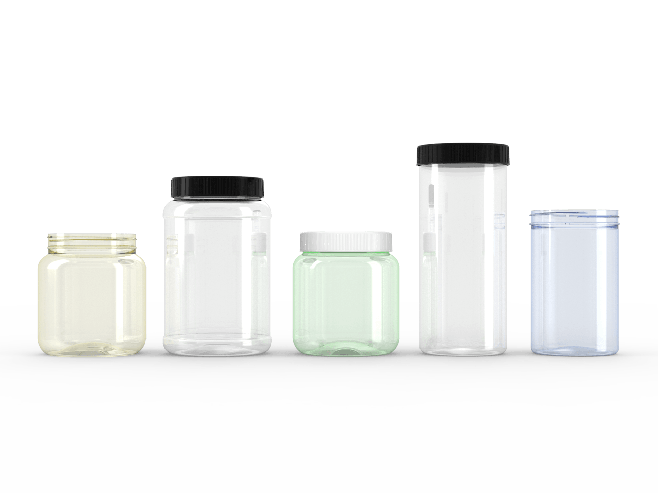 A group of plastic jars are lined up in a row on a white background.