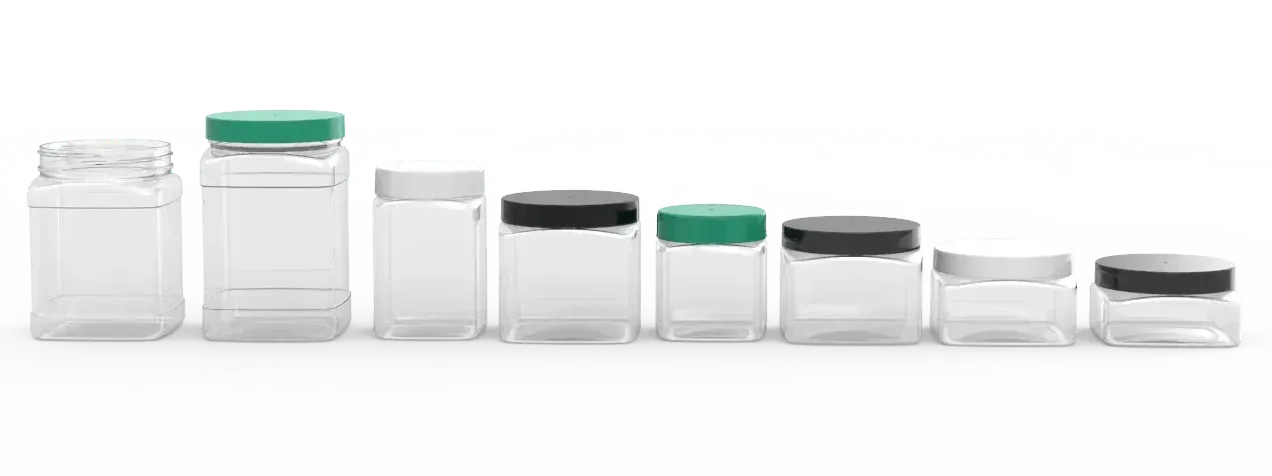 A row of plastic jars of different sizes and shapes on a white background.