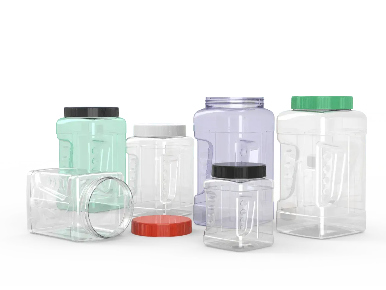 A group of plastic jars of different sizes and colors on a white background.