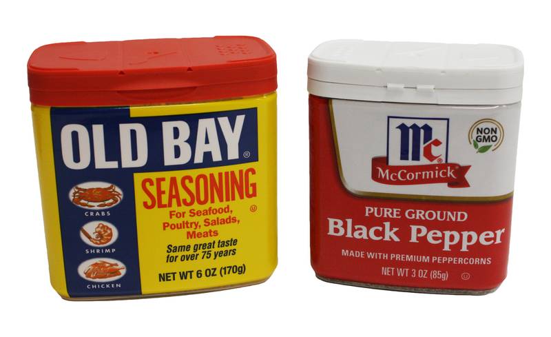 Old Bay seasoning and McCormick pepper, new plastic containers.