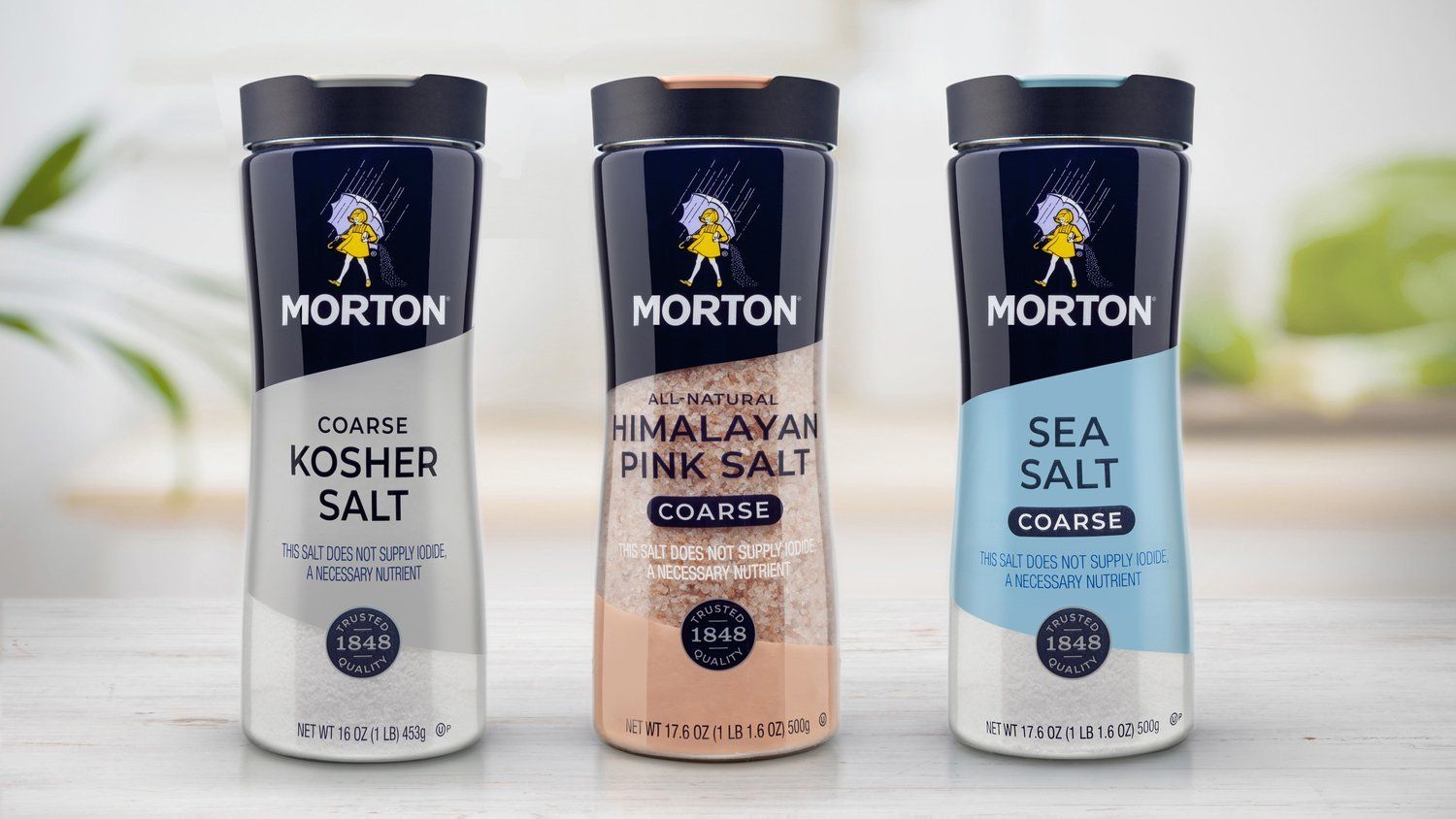 Morton kosher salt, coarse sea salt, and fine sea salt in PET plastic bottles.