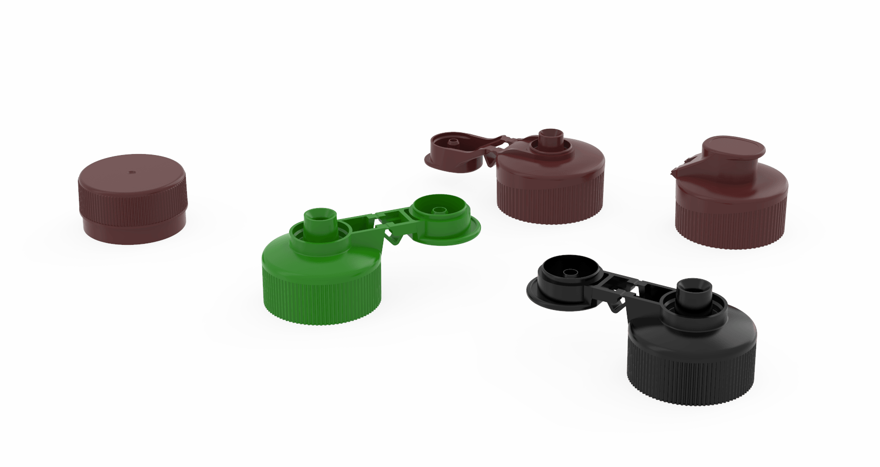 Plastic nozzles with attached caps.