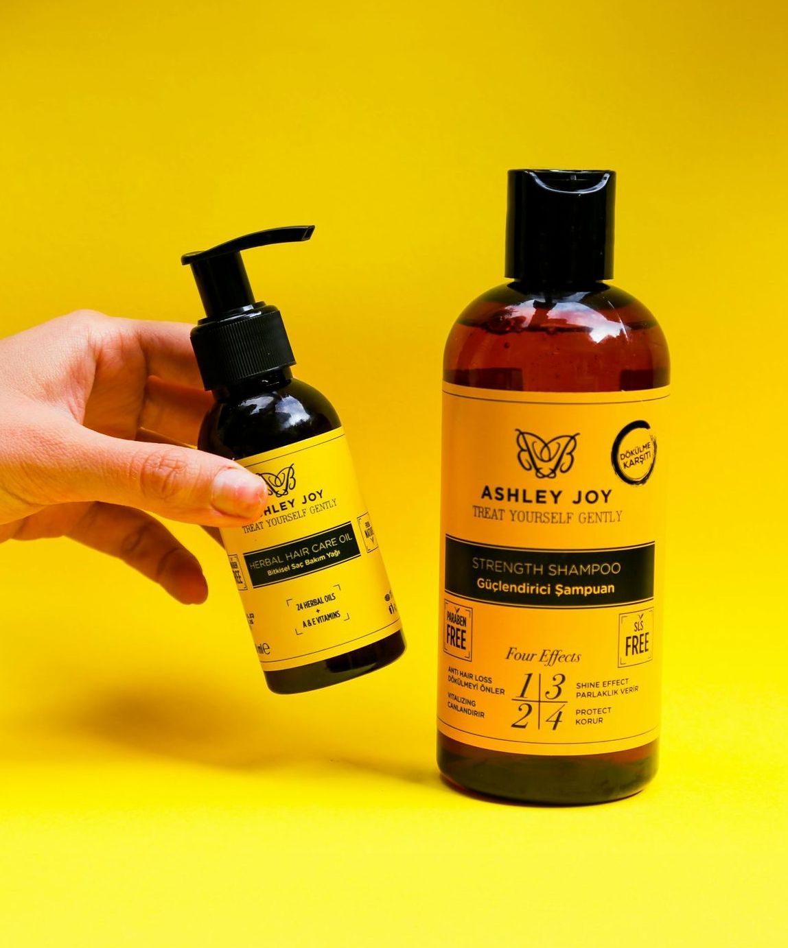A person is holding a bottle of shampoo next to a bottle of lotion.