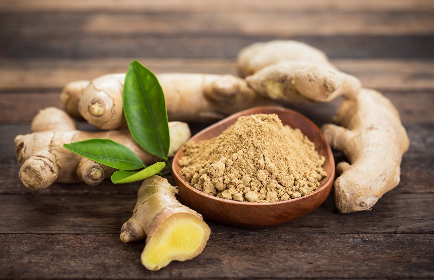 Bowl of ginger powder surrounded  by ginger root.
