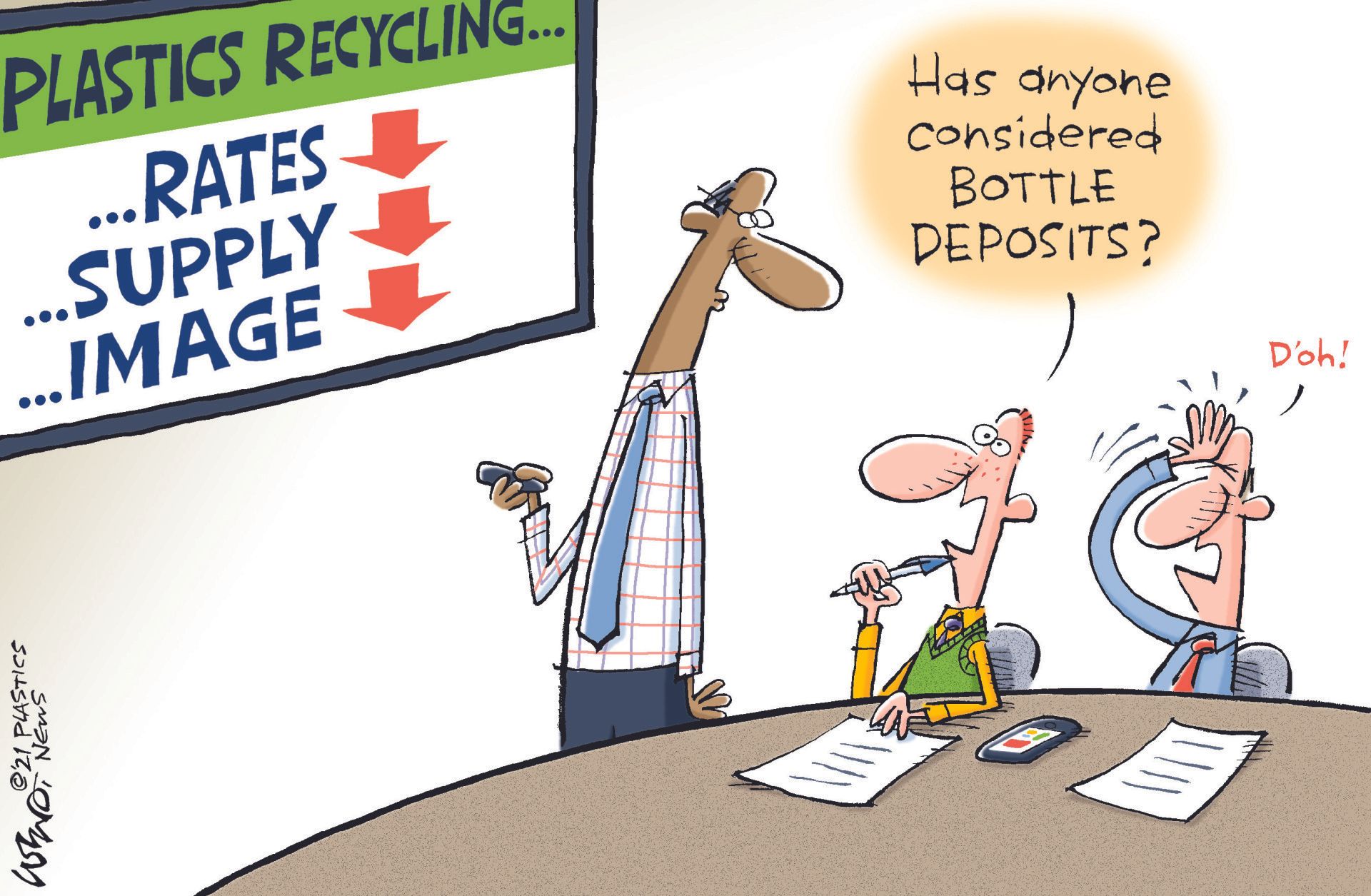 Cartoon about bottle deposits on plastic containers - Copyright 2021 Plastics News