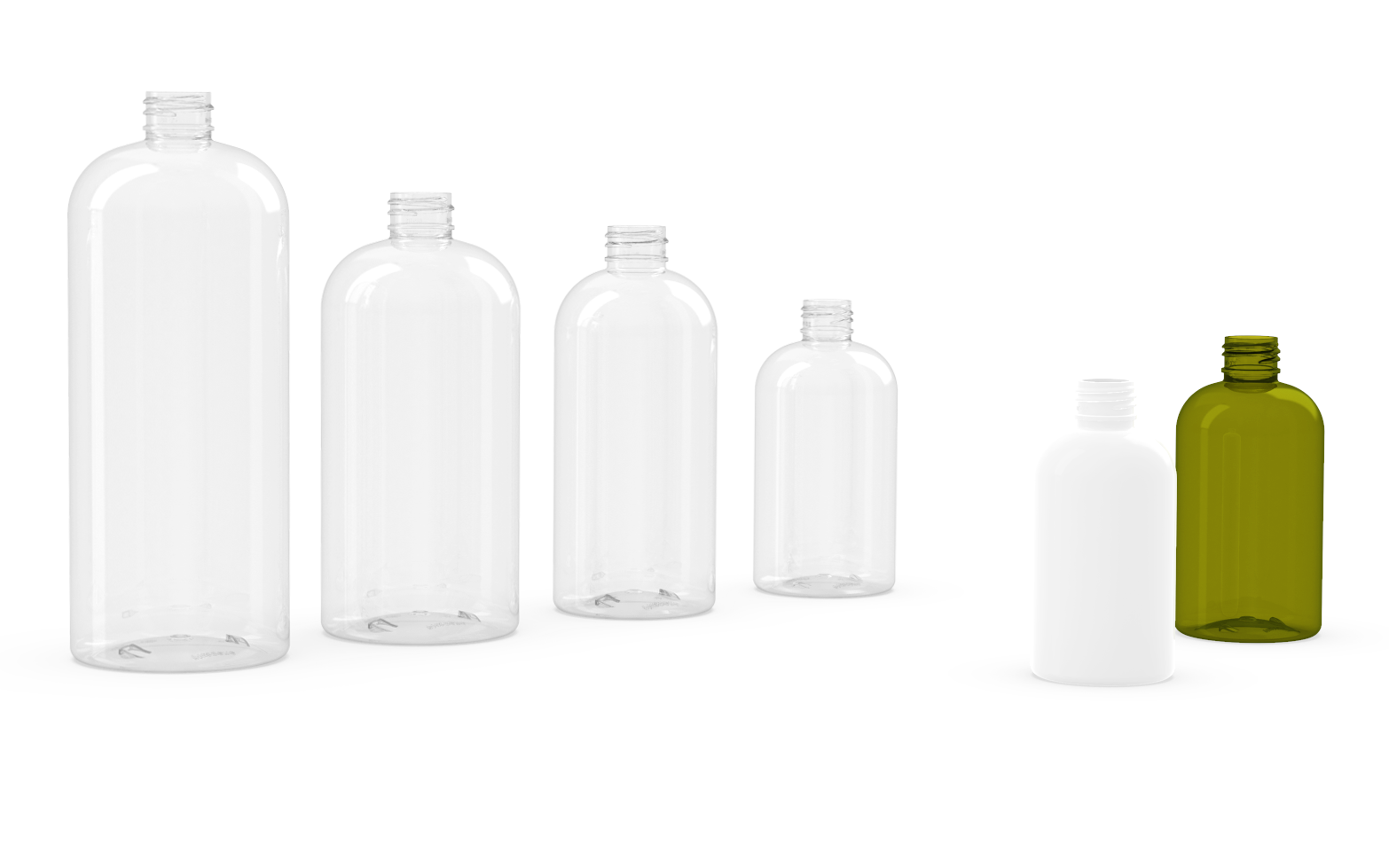 A group of plastic bottles of different sizes and colors on a white background.