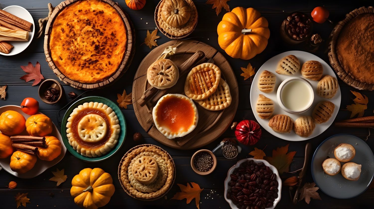 Thanksgiving pies, cookies, and other desserts, along with cinnamon, clove, allspice, and other holiday spices.