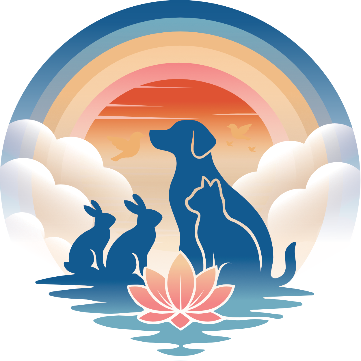Silhouettes of dog, cat, and rabbits beneath a rainbow and sunset, with a lotus flower in the foreground.