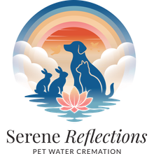 Silhouette of pets (dog, cat, rabbits) on water, under a rainbow and clouds; lotus flower in foreground. 