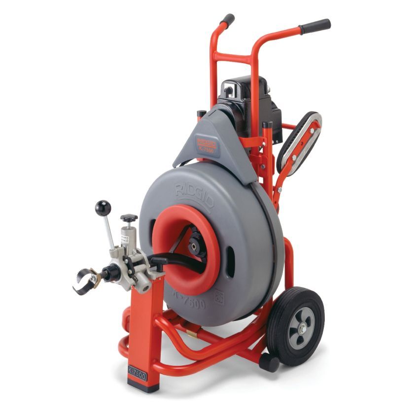 a red and gray ridgid drain cleaner on wheels