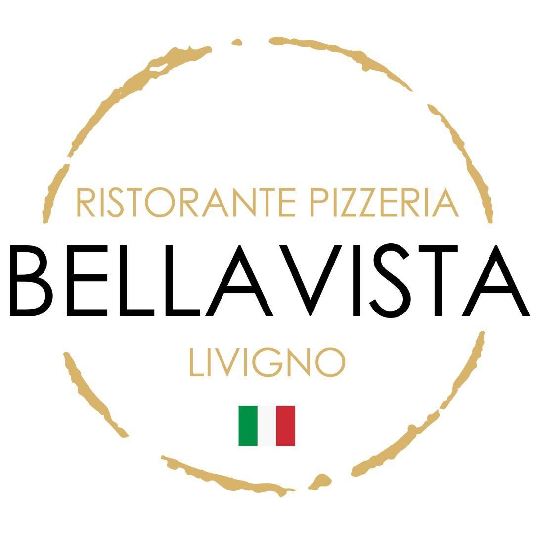 Logo del Ristorante Pizzeria Bellavista di Livigno con il nome del ristorante in nero, circondato da un anello dorato e una bandiera italiana sotto.