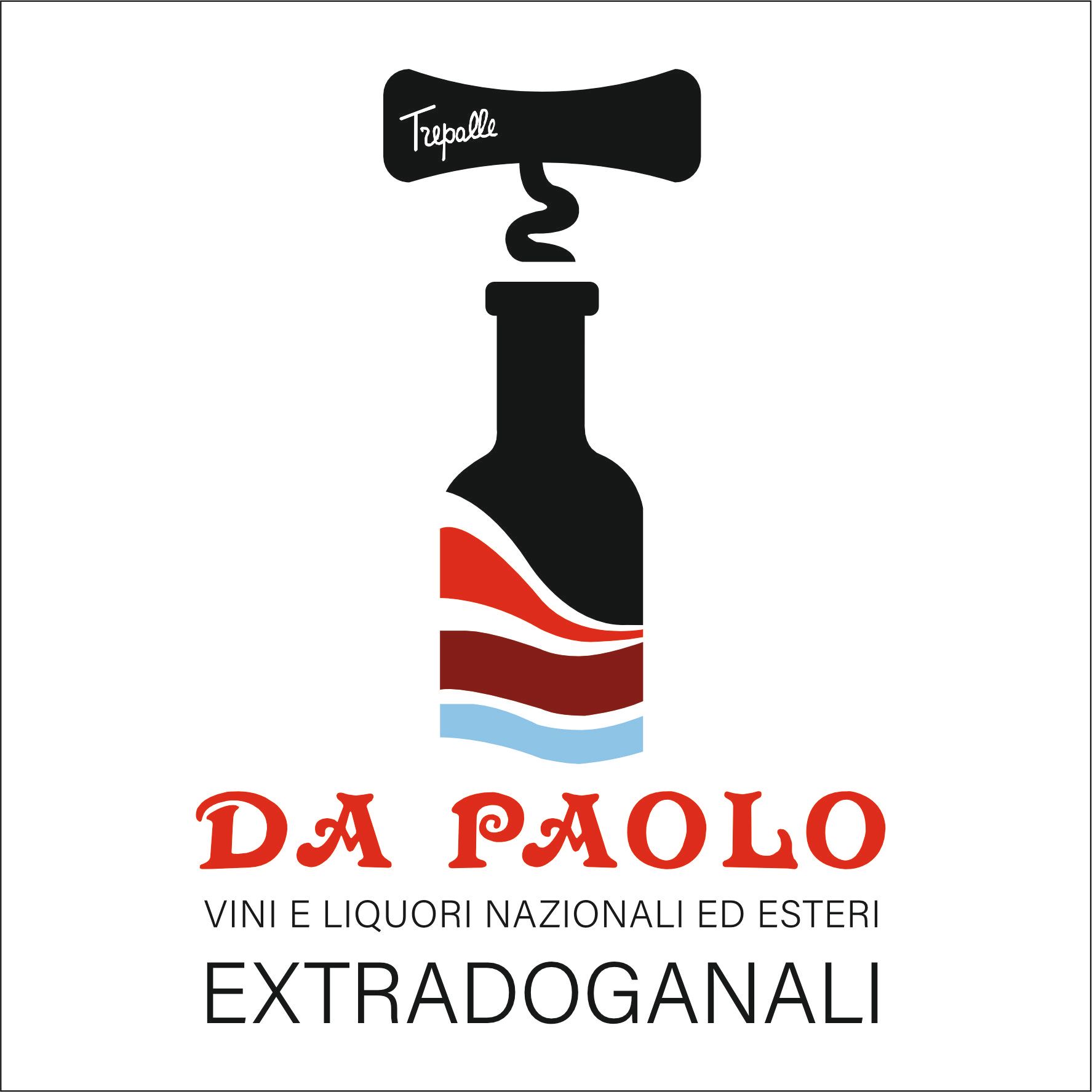 Logo per i vini Da Paolo: una bottiglia con un cavatappi sopra, strati rossi e blu sulla bottiglia e testo sotto.