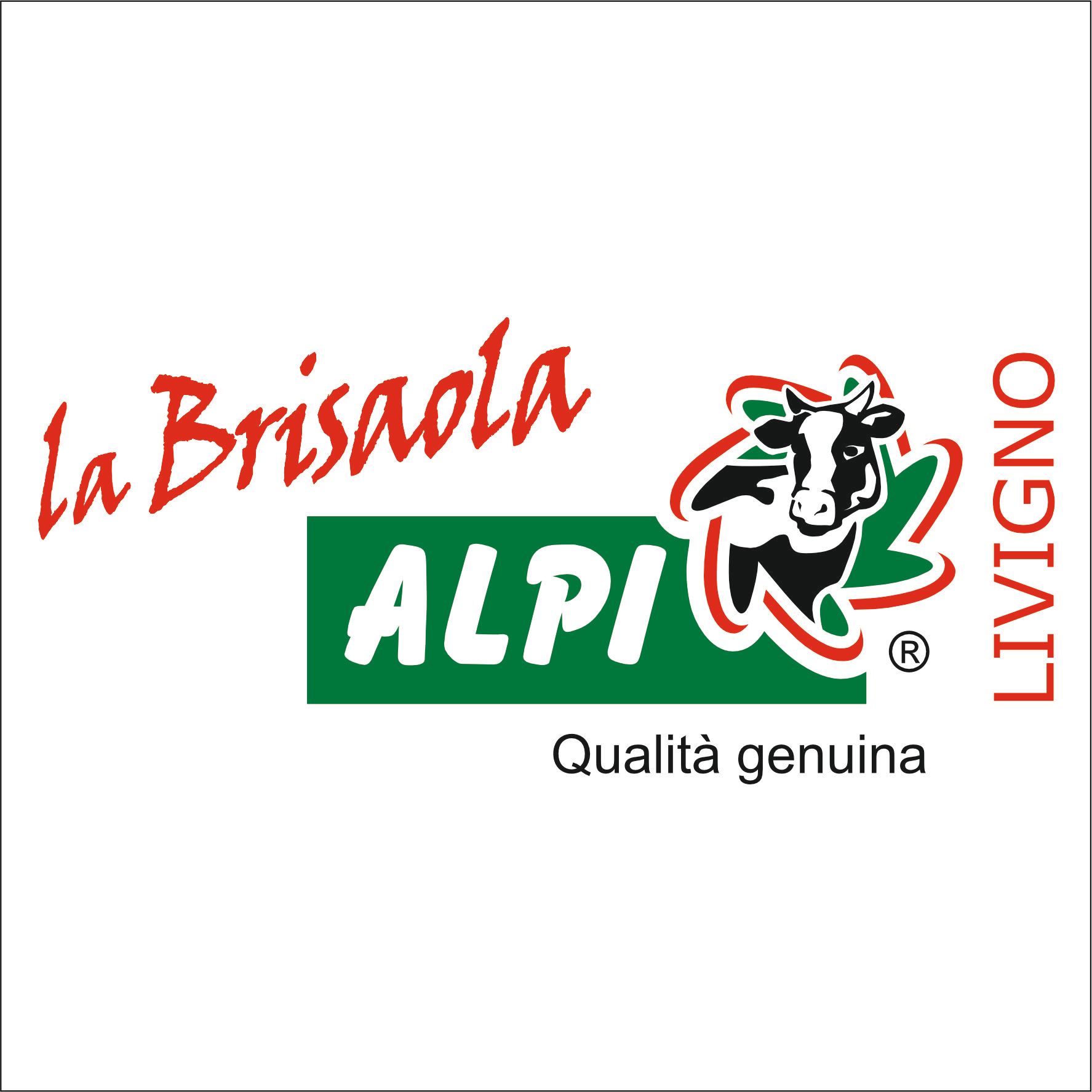 Logo per La Brisaola Alpi Livigno, raffigurante una mucca e testo su sfondo bianco.