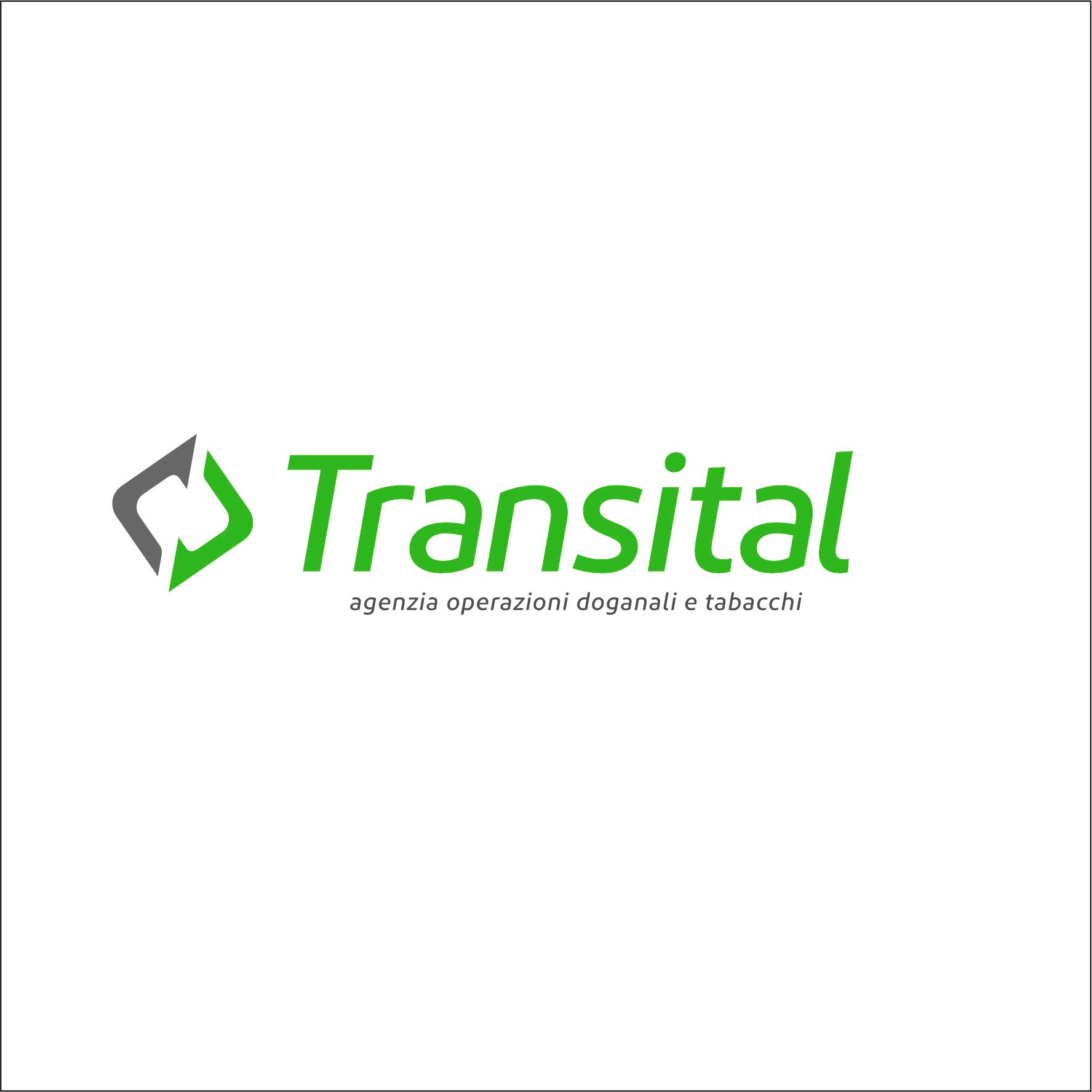 Logo di Transital, un'agenzia per le dogane e il settore del tabacco. Design a rombo verde e grigio con testo verde su sfondo bianco.