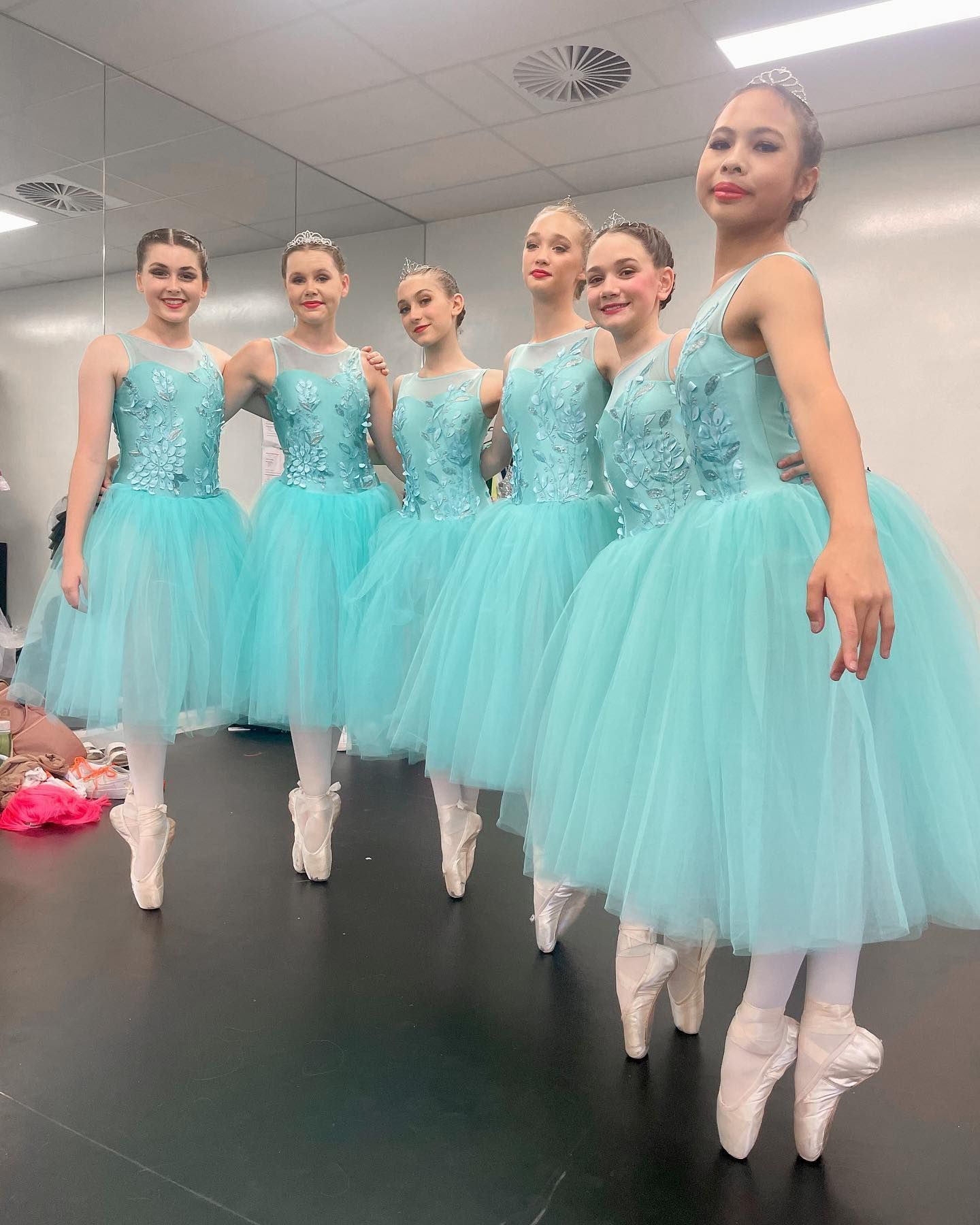 Six Young Ballet Dancers in Teal Tutus and Pointe Shoes — Kay Flynn Dancing Academy Southport in Southport, QLD
