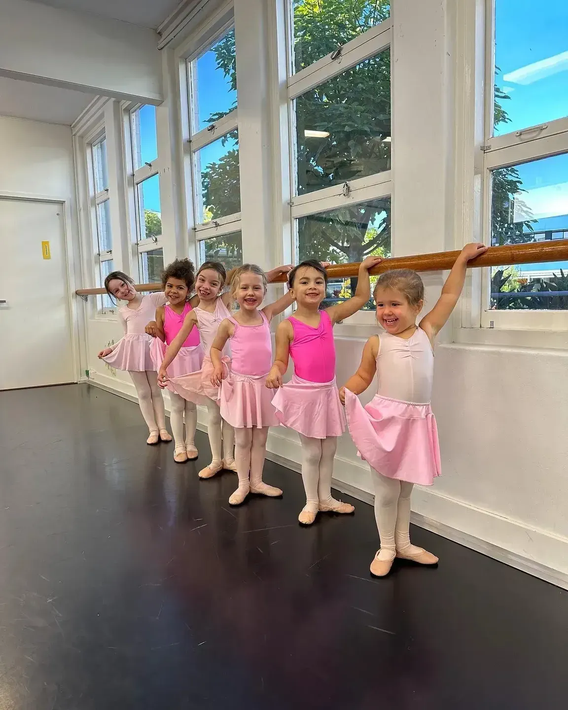 Six Young Girls in Pink Ballet Outfits Stand at a Barre — Kay Flynn Dancing Academy Southport in Southport, QLD