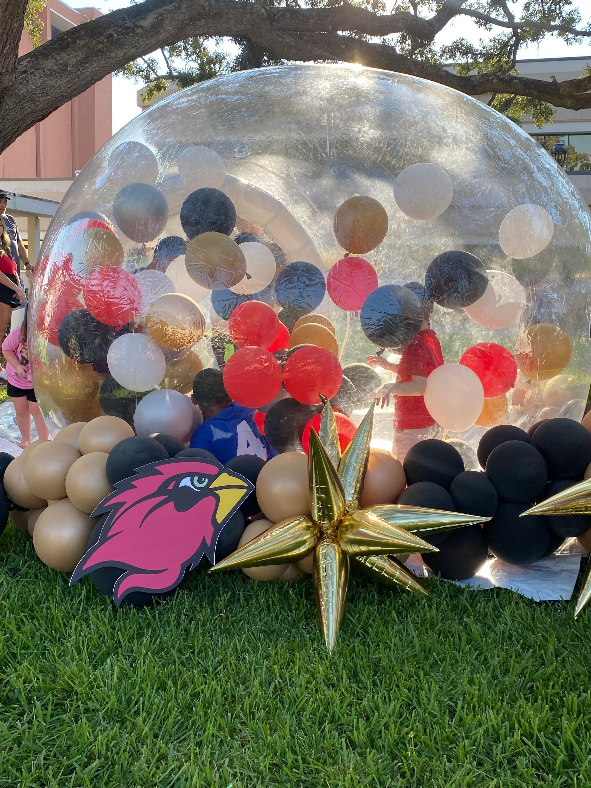 Large clear bubble with balloons and a gold star on a grassy area; university cardinal logo visible.