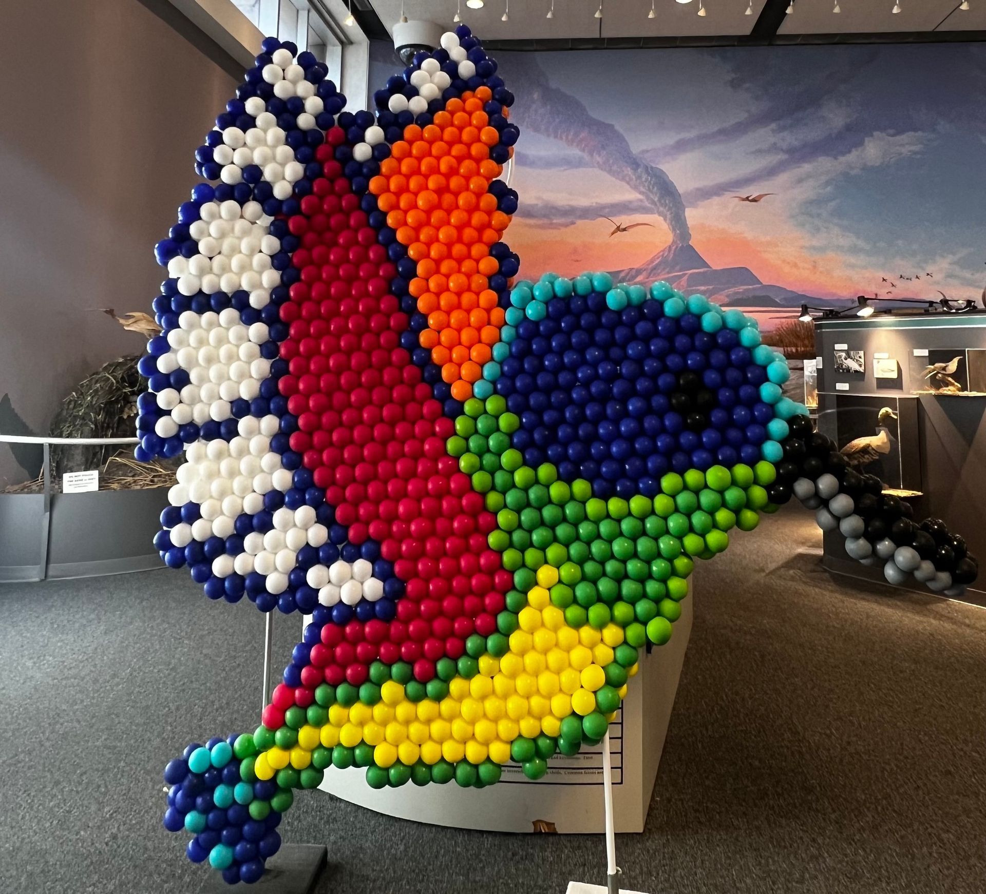 Colorful balloon sculpture of a hummingbird in a museum, with a volcano mural in the background.