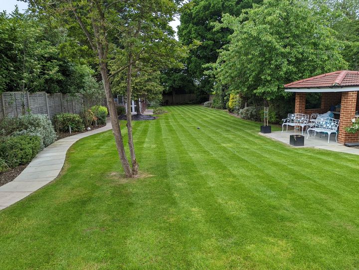 Residential garden with path and seating area