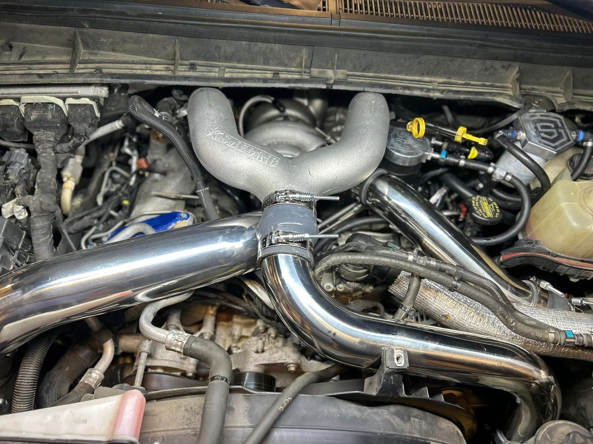 A close up of the engine of a car