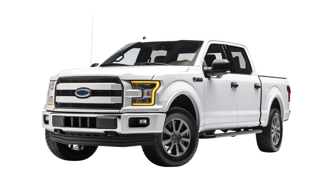 A white ford f150 pickup truck is shown on a white background.