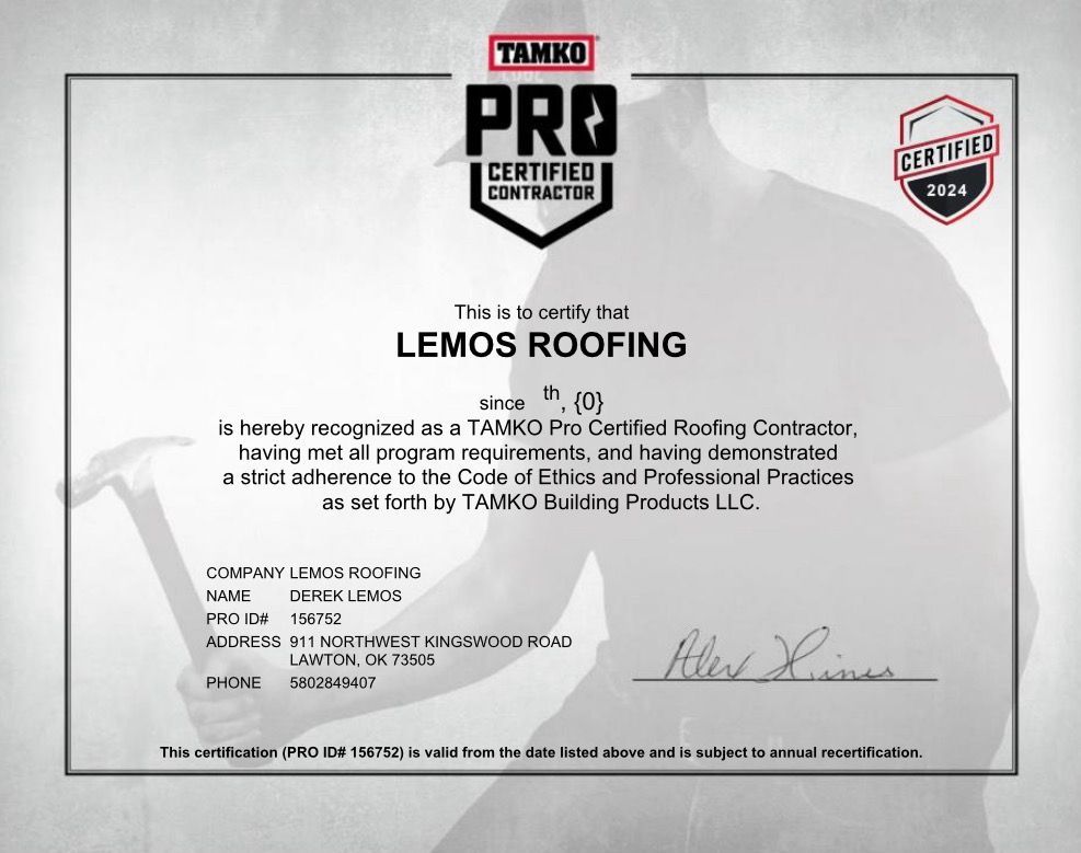 A pro certified contractor certificate for lemos roofing