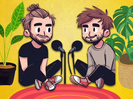 A cartoon of two men sitting next to each other in front of microphones