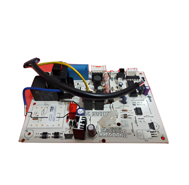 Placa de circuito con varios componentes incluidos cables y relés.