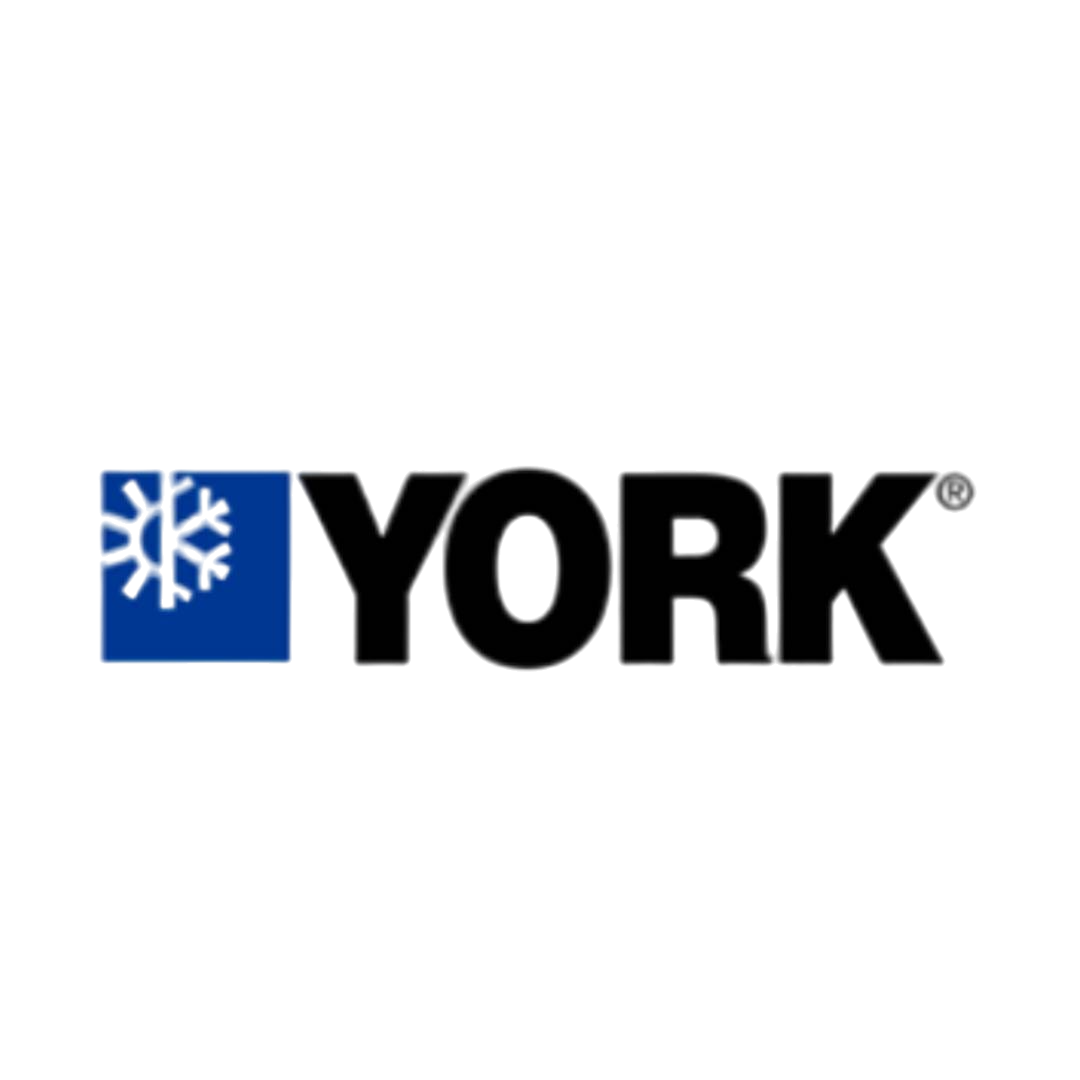 Logotipo de York, una empresa de HVAC, que presenta un copo de nieve en un cuadrado azul y el nombre de la empresa en negro.