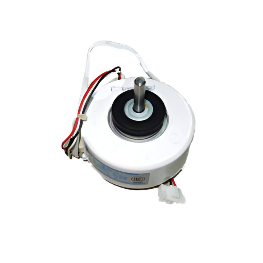 Motor de ventilador de CA circular blanco con cables y eje giratorio.