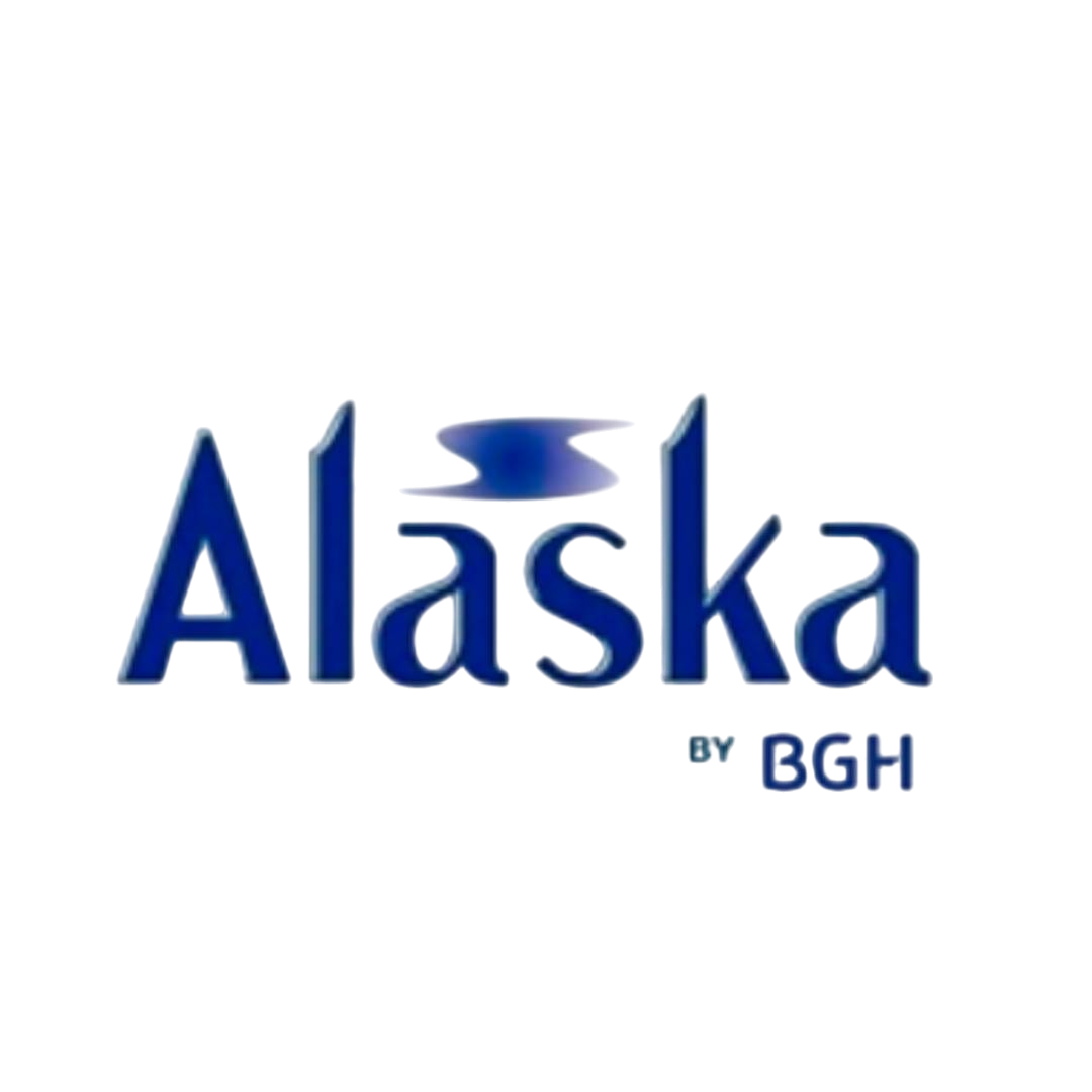 Logotipo de Alaska, texto azul marino con una ola estilizada sobre una