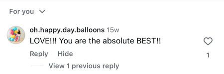 A social media comment from oh.happy.day.balloons saying,