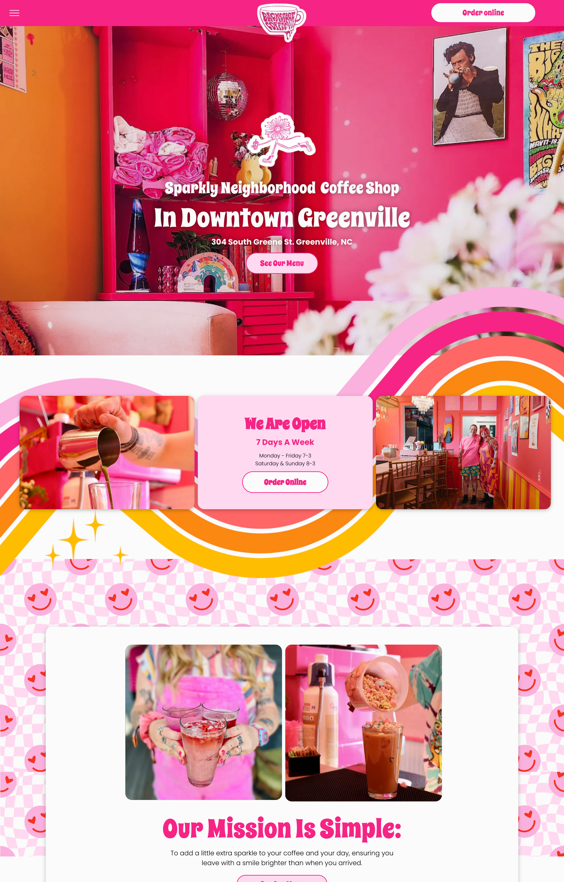 Pink shop interior with colorful decor and a sign that says 