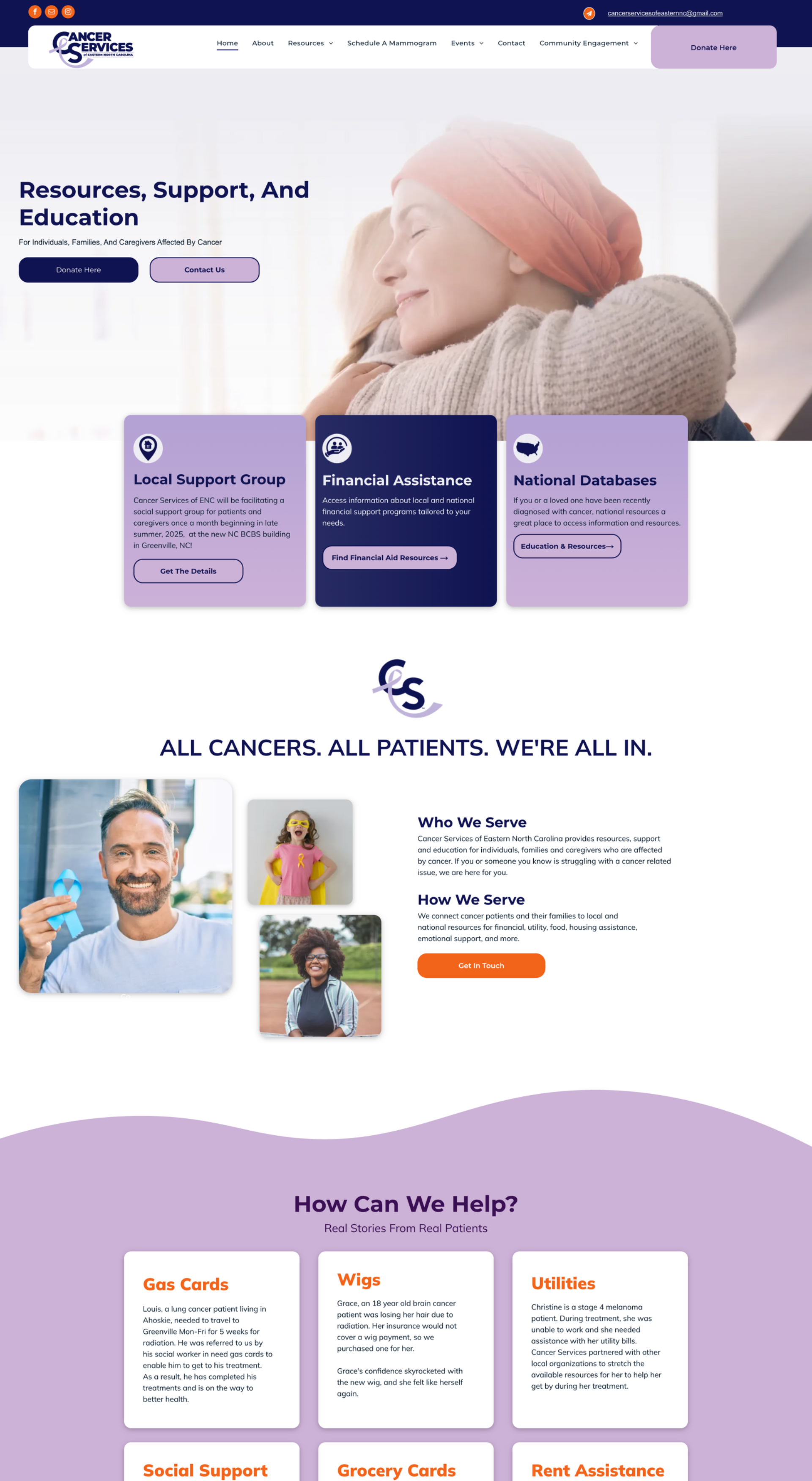 Website homepage featuring cancer support resources; woman with headscarf, patient testimonials.