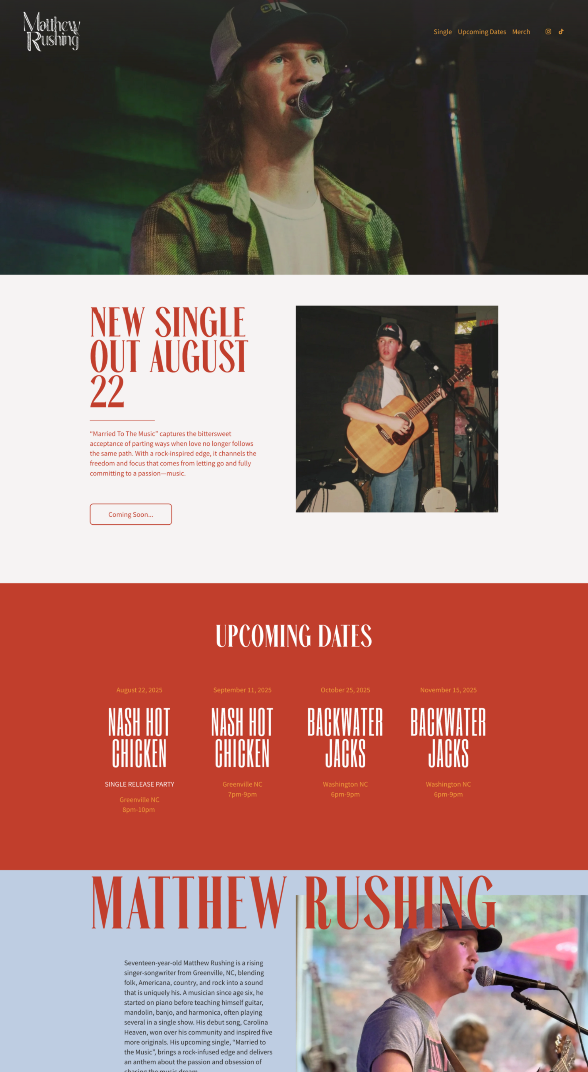 Matthew Rushing website: A singer on stage, promoting a new single & upcoming tour dates in August.